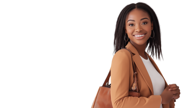 Fashion influencer in a trendy outfit, holding stylish bags, confident smile, isolated PNG