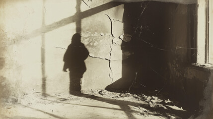 Fototapeta premium An old, faded photograph taken in an abandoned building, capturing the shadow of a mysterious figure cast on a cracked wall.
