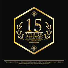 15th years anniversary celebration emblem. black anniversary logo isolated with hexagon geometric badge frame and laurel wreath. vector illustration template design