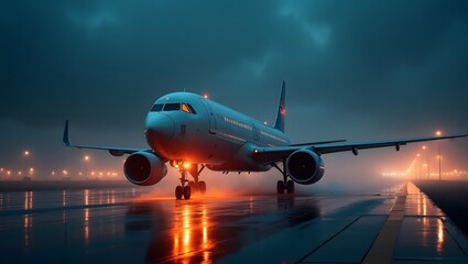Obraz premium Sleek airplane descending onto stormy runway with mist rising from rain-soaked dark pavement 