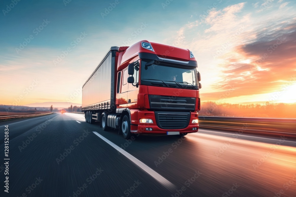 Aufkleber red truck driving on open highway during sunset with dramatic sky and clouds. generative ai