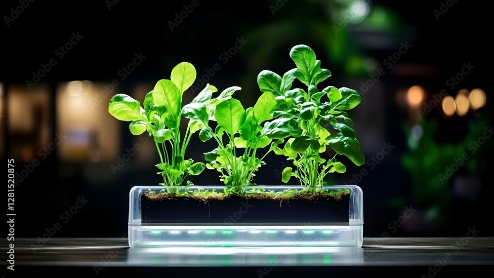 Poster a hydroponic setup displaying vibrant leafy greens, illuminated and growing in a clear container wit