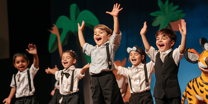 Children participating in theater acting and performing.