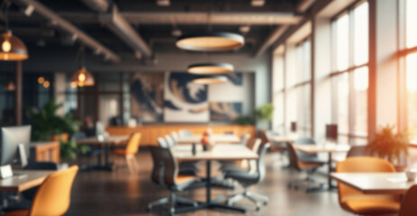 Business lounge area in coworking. Blurred background with modern office space with big windows, modern furniture and green plants