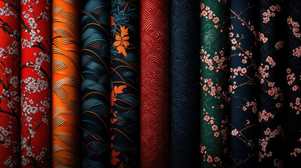 Japanese wave motifs and cherry blossoms on fabric patterns