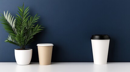 Fototapeta premium Bright and clean workspace with a computer, coffee cup, and greenery, perfect for productivity or creative projects