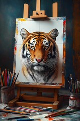 Detailed drawing of a tiger on an easel surrounded by art supplies and colorful pencils