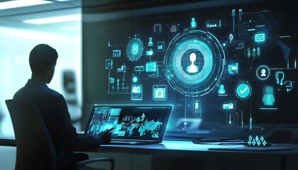 Fototapeta premium Digital illustration of social network communication concept with icons on a futuristic interface in a professional setting.