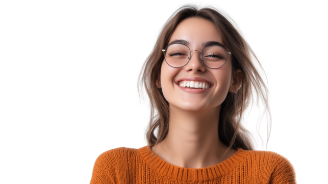 Young woman with a bright smile, casual modern outfit, joyful and natural expression, isolated PNG
