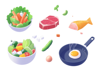 A salad bowl filled with vegetables, a meat steak sizzling in a pan with flying ingredients around it, a fish fillet and a transparent background PNG.