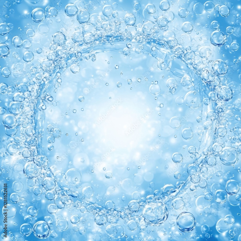 Poster sparkling water bubbles creating a mesmerizing circular pattern against a soft blue background fresh