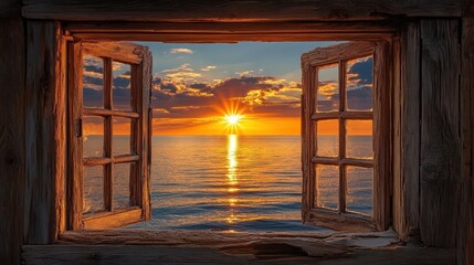 Wooden Window Frame Ocean Sunset View