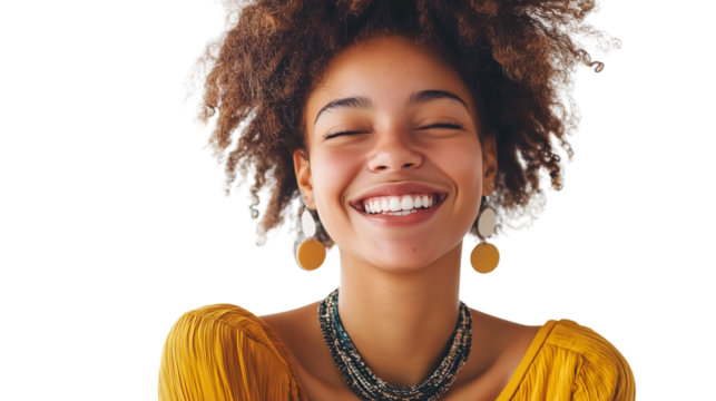 Young woman with a bright smile, casual modern outfit, joyful and natural expression, isolated PNG