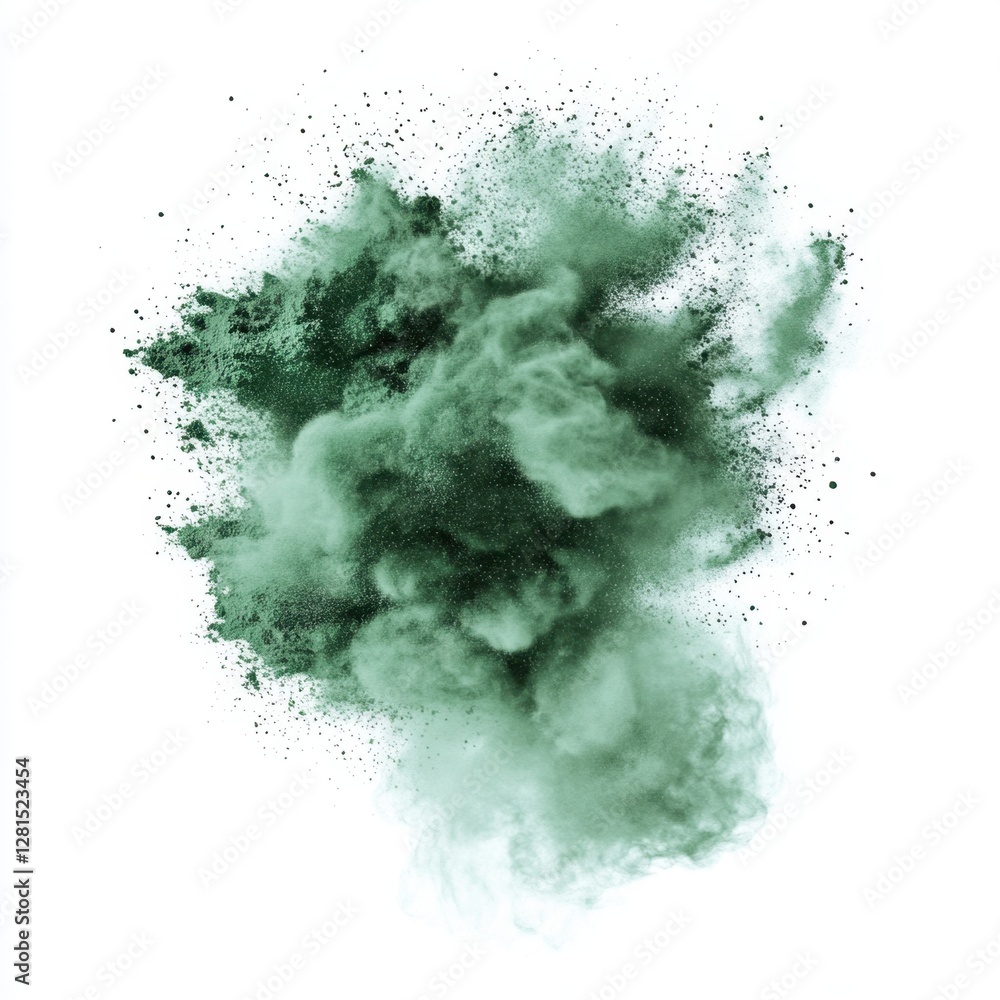 Poster ethereal emerald powder explosion on white background, creating a dynamic cloud of fine particles, s