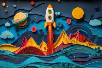 Fototapeta premium Paper craft rocket launching from a colorful landscape with mountains, sea, planets, sun and stars in a vibrant and textured design