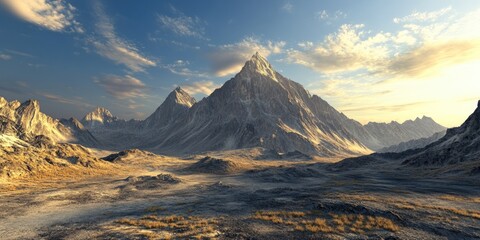 Mountainous landscape at sunset with peaks and valleys, suitable for adventure seekers.