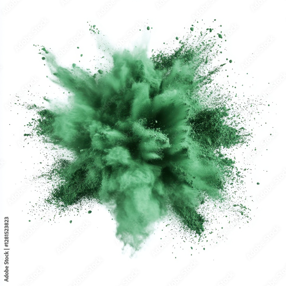 Aufkleber emerald green powder explosion on white backdrop capturing movement and texture in a dynamic composi
