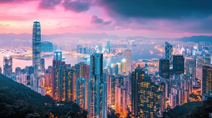 Fototapeta premium Vibrant Hong Kong cityscape at sunset, showcasing skyscrapers, harbor, and hills.