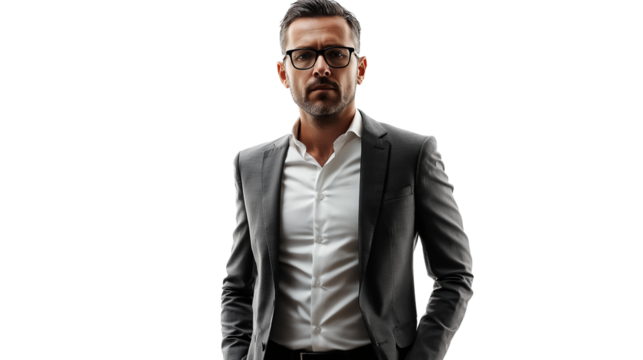 Serious businessman, sharp analytical gaze, intense focus, modern attire, isolated PNG