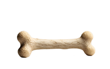 A squeaky dog toy shaped like a bone, isolated on a empty plain background
