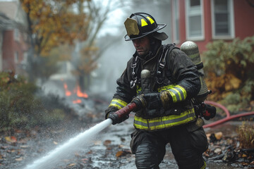 Obraz premium Brave firefighter using water hose, extinguishing burning house fire