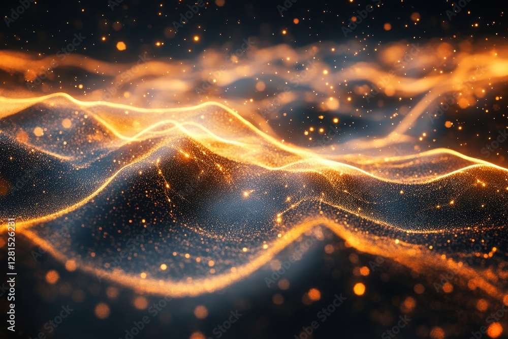 Aufkleber abstract glowing golden light wave design on dark blue background creating a futuristic digital land