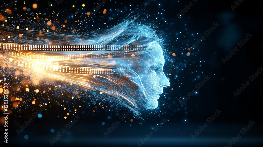 Poster digital artwork featuring human face merging with abstract elements, showcasing blend of light, part