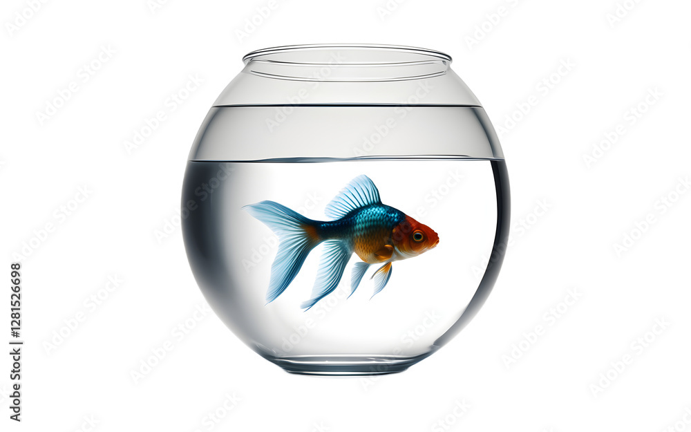 Poster a transparent fishbowl with a goldfish swimming, isolated on a empty plain background