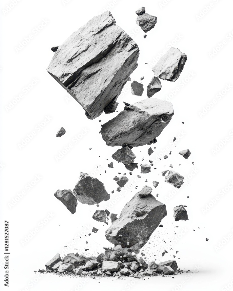 Poster dramatic monochrome capture of falling slate rocks against a stark white background in a studio sett