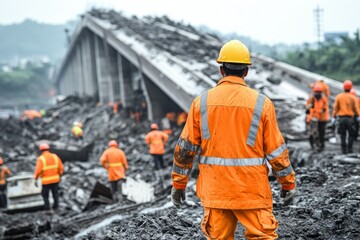 Rescue workers inspecting a collapsed bridge after a natural disaster