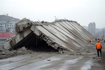 Construction workers inspecting a large collapsed concrete overpass in an urban area, highlighting the dangers of infrastructure failure