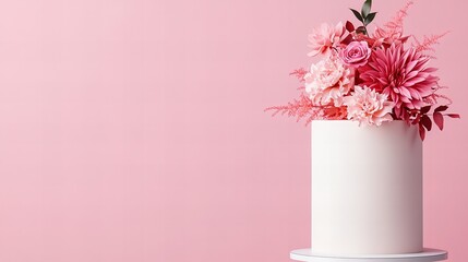 Elegant white cake adorned with a beautiful arrangement of pink and red flowers against a soft pink background.