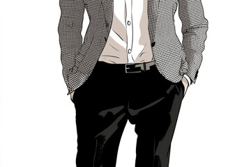 Illustration of a sophisticated, tailored blazer in a houndstooth pattern, paired with sleek black trousers and a white shirt. The sharp lines and classic pattern evoke a sense of elegance and