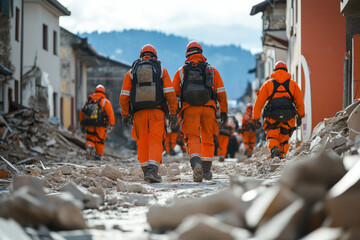 Rescue workers walking through destroyed city after earthquake