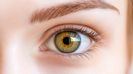 Obraz premium Close up of woman eye showcasing intricate details and vibrant colors, reflecting unique pattern. eye beauty captivates with its striking features and depth