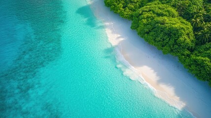 Turquoise waters gently lap against pristine white sand, framed
