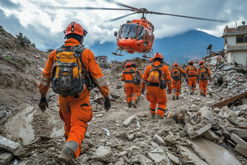 Rescuers walking through debris field while helicopter provides support after natural disaster