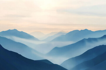 Obraz premium Illustration of a serene mountain landscape at dawn, with mist gently rolling over the valleys and the first rays of sunlight peeking through the peaks. The soft light and peaceful atmosphere create a