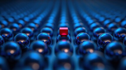 Innovative design showcasing blue spheres arranged in a grid with a single red cube at the center representing boundary-breaking transformation