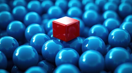 Blue spheres arranged in a grid with a distinct red cube at the center conveying a message of innovation and challenging the status quo