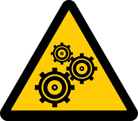 warning sign, three interlocking gears, mechanical hazard, warning of potential crushing, entanglement, or injury risks