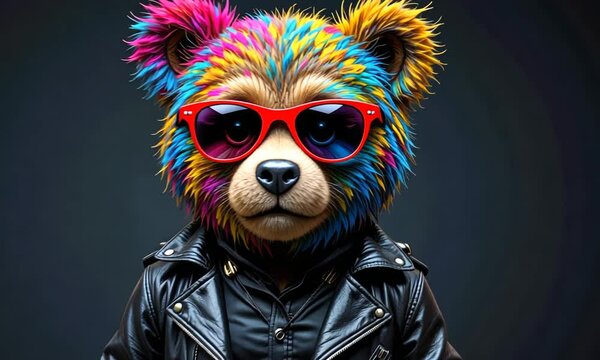 A cool-looking bear with rainbow-colored fur, wearing sunglasses and a black leather jacket. Concept of uniqueness and urban style