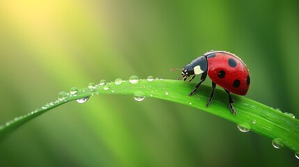 Fototapeta premium A ladybug crawling on a dewdrop-covered blade of grass with a soft green background.