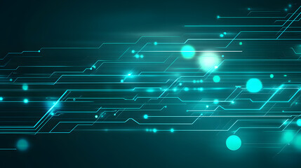Abstract technology background with digital connections and polygonal shapes in teal color on a dark blue background 
