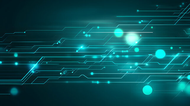 Abstract technology background with digital connections and polygonal shapes in teal color on a dark blue background
