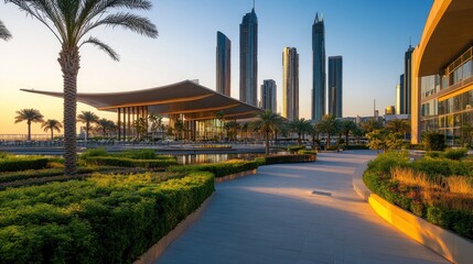 Sunset Over Modern Skyscrapers Reflected in Calm and Cool Urban Canals