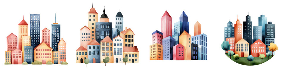 Fototapeta premium Watercolor cityscape with colorful buildings and greenery, perfect for design projects, isolated on transparent background.