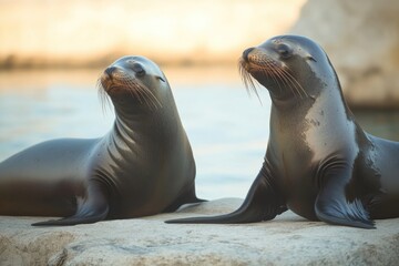 Fototapeta premium Two sea lions basking on rock, showcasing playful expressions an