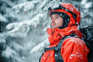 Portrait of confident mountaineer wearing orange jacket and backpack hiking in snowy forest