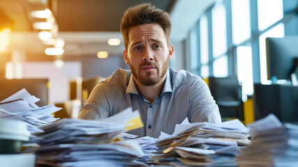 stressed businessman sits at cluttered desk surrounded by piles of paperwork, conveying sense of overwhelm and urgency in modern office environment